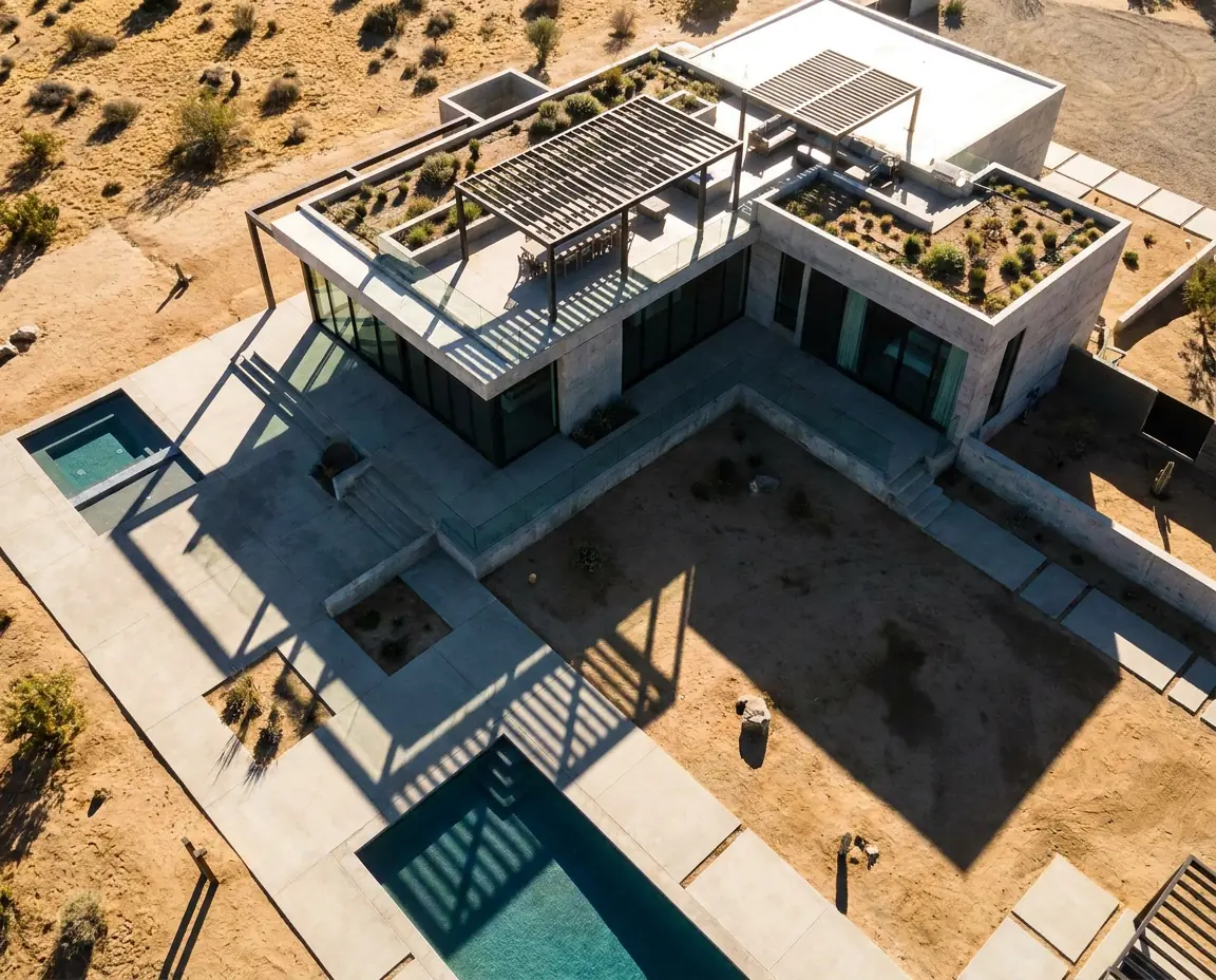 A courtyard where a pergola throws striped shade